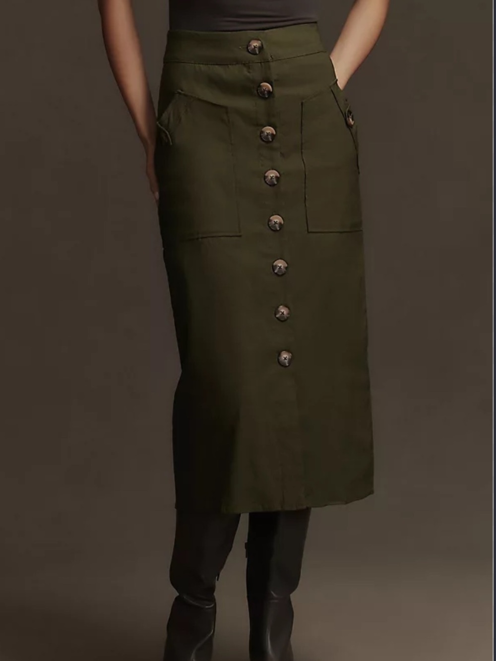 Maeve Olive Midi Skirt w Button-Front
